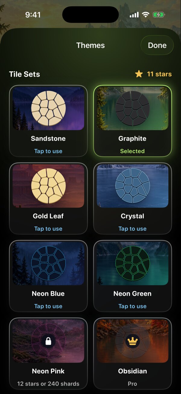 The Themes screen in Wordstone: eight tile sets, each a round board over its own painted place.