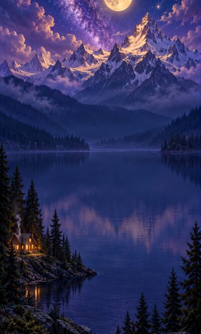 Moonlit Lake: a full moon over mountains and a still violet lake