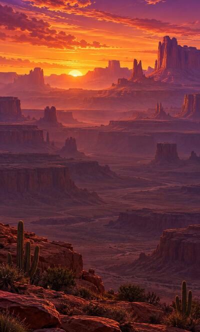 Canyon Sunset: red rock mesas under an orange sky